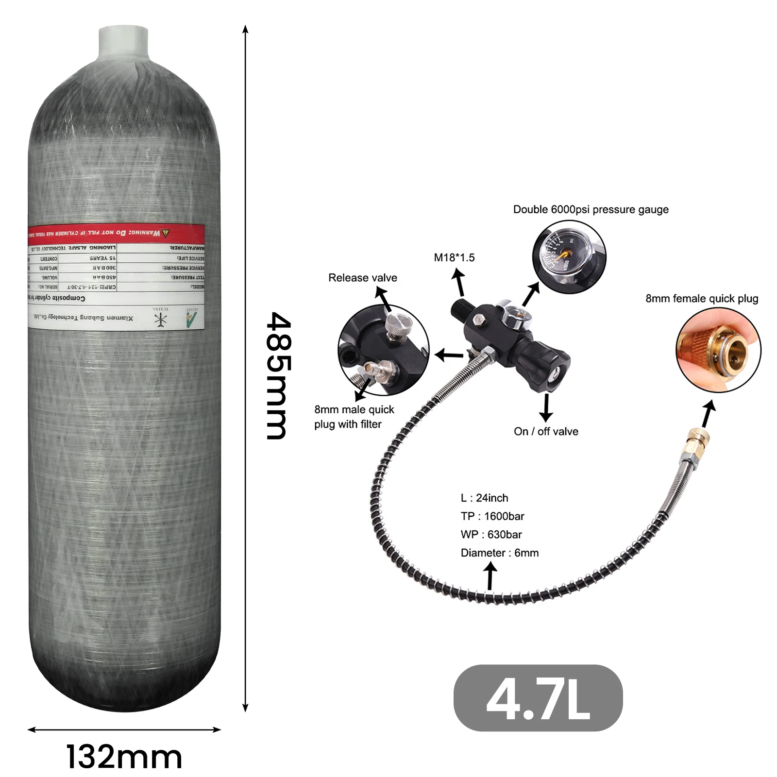 TUXING 300Bar 4.7L Carbon Fiber Cylinder with Dual Pressure Gauge Regulating Valve 4500Psi High Pressure Air Tank Scuba Diving