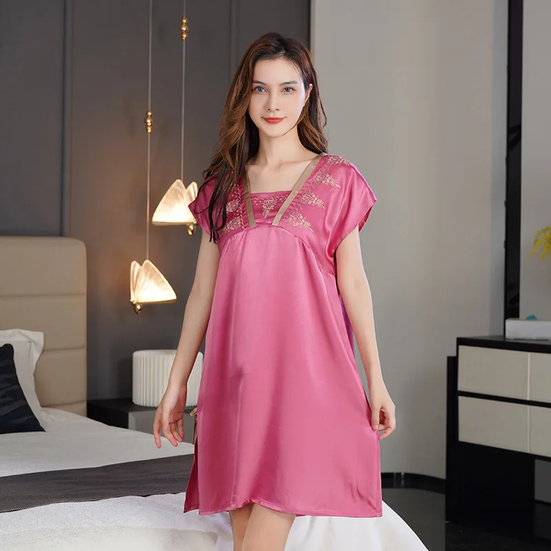 

19MM 100% Mulberry Silk Mini Sleepshirt Chemise Solid Color Nightdress Sleepwear Short-sleeved Nightgown Casual Homewear Nighty