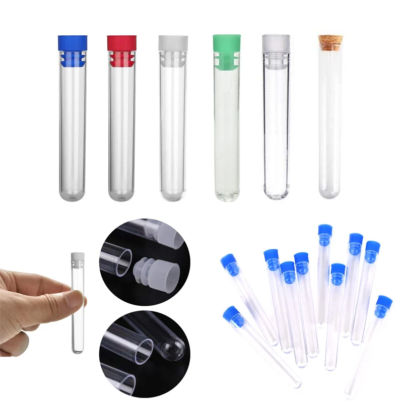 10Pcs 12x60mm/12x75mm/12x100mm Transparent Laboratory Clear Plastic Test Tubes With Caps School Lab Supplies, Wedding Favor Gift