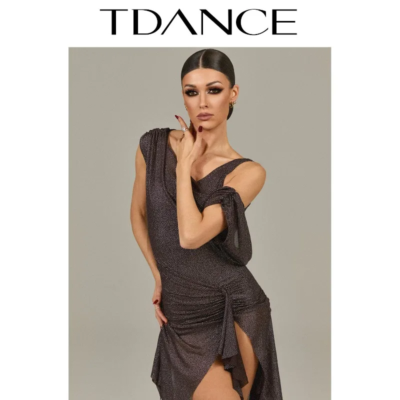 Customized TDANCE Latin Women's Performance Training Course Dropped Rubber Shoulder Fold Swinging Collar Flying Piece Dress