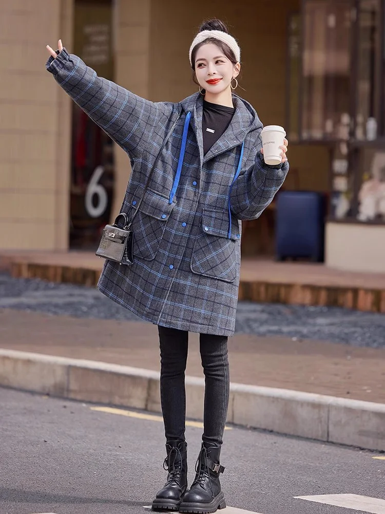 New Women Autumn Winter Down Liner Woolen Coat Fashion Hooded Wide-waisted Plaid Wool Blended Coat Casual Thick Warm Coat