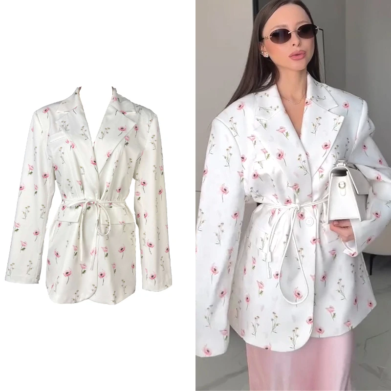 Women's Blazer with Lacing and Shoulder Pads Printed Lapel Buttoned Loose Casual Top Commuting Fashion Waist-Tie Clothing