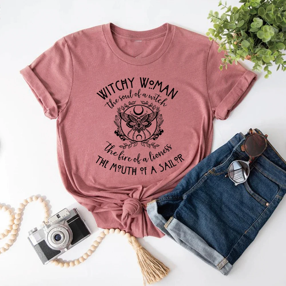 Witchy Woman T-shirt Halloween Witch Shirt Retro Spiritual Tshirt Mystical Witchcraft Short Sleeves Casual Tops Halloween Gift