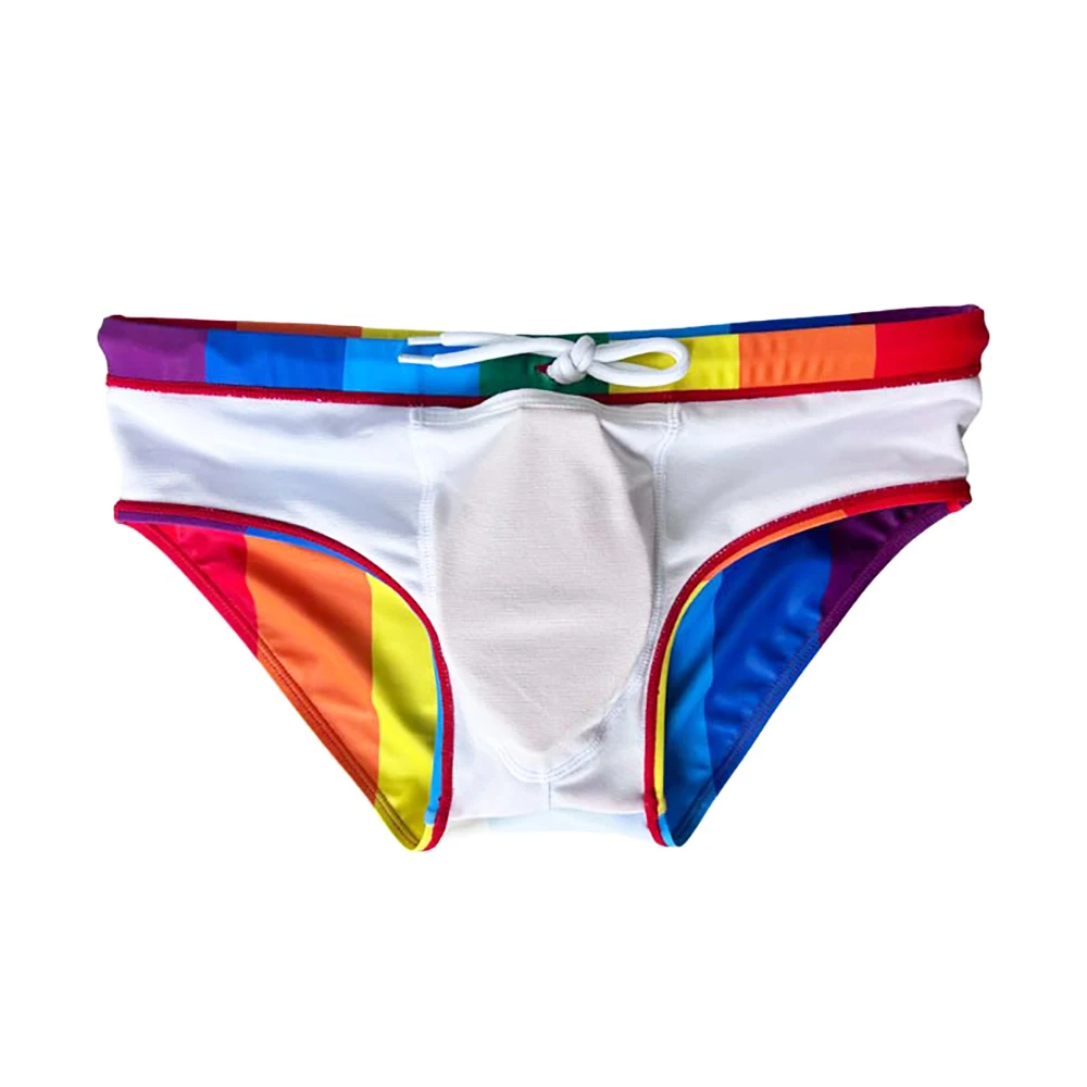 ฤดูร้อน Rainbow Mens กางเกงว่ายน้ําเซ็กซี่เกย์ต่ําเอว Push Up Pad กางเกงว่ายน้ําโพลีเอสเตอร์ชุดว่ายน้ําแห้งเร็วลายชุดชั้นใน