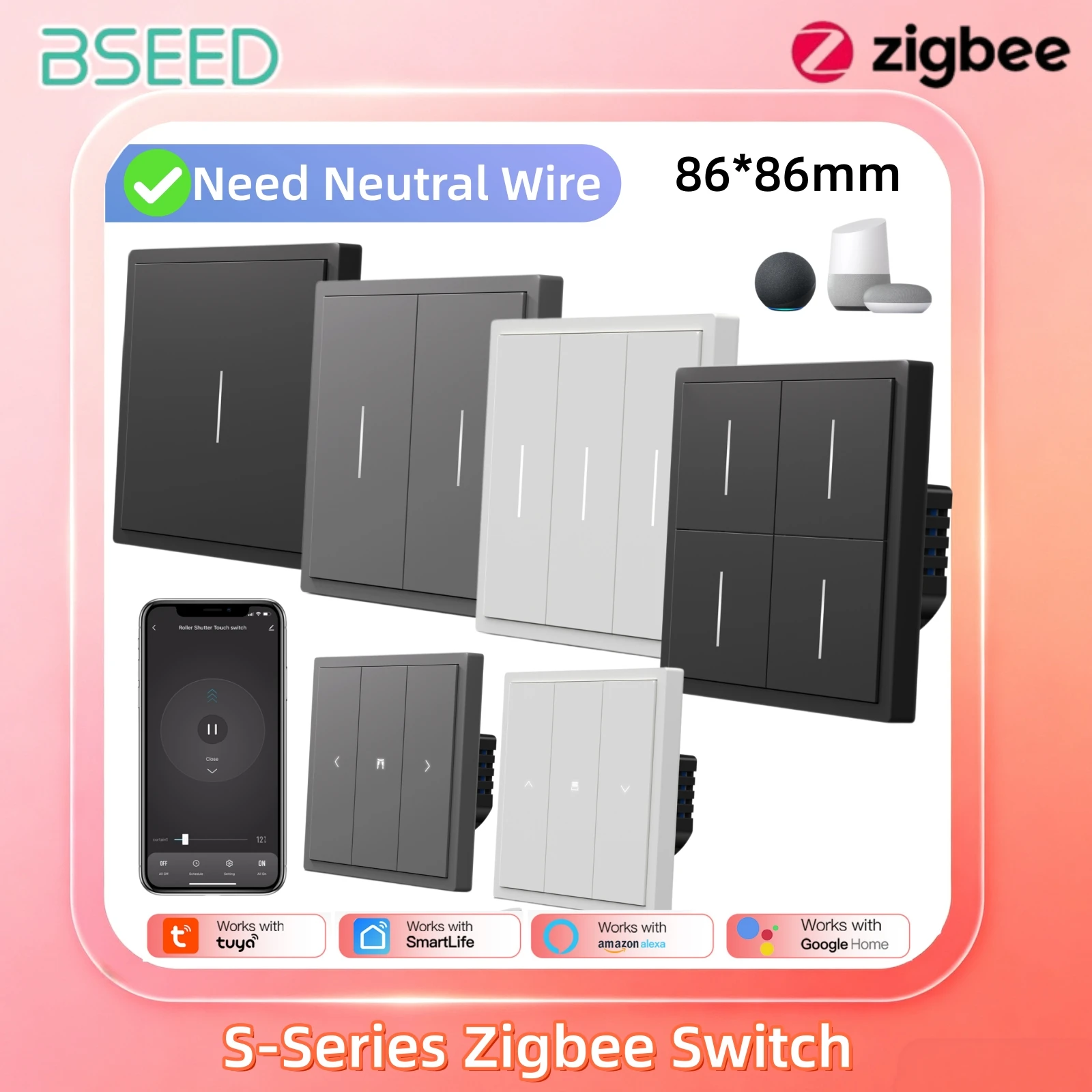 BSEED S-Serie Zigbee Smart-Taster-Lichtschalter, benötigt neutralen Kabelanschluss, Rollladenschalter für Tuya Smart Life, Alexa, Alice-Steuerung