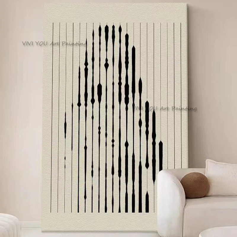 Handpainted Nordic Black Line Abstract Oil Painting for Tall Entryway Vertical Minimalist Wabi Sabi Home Wall Art