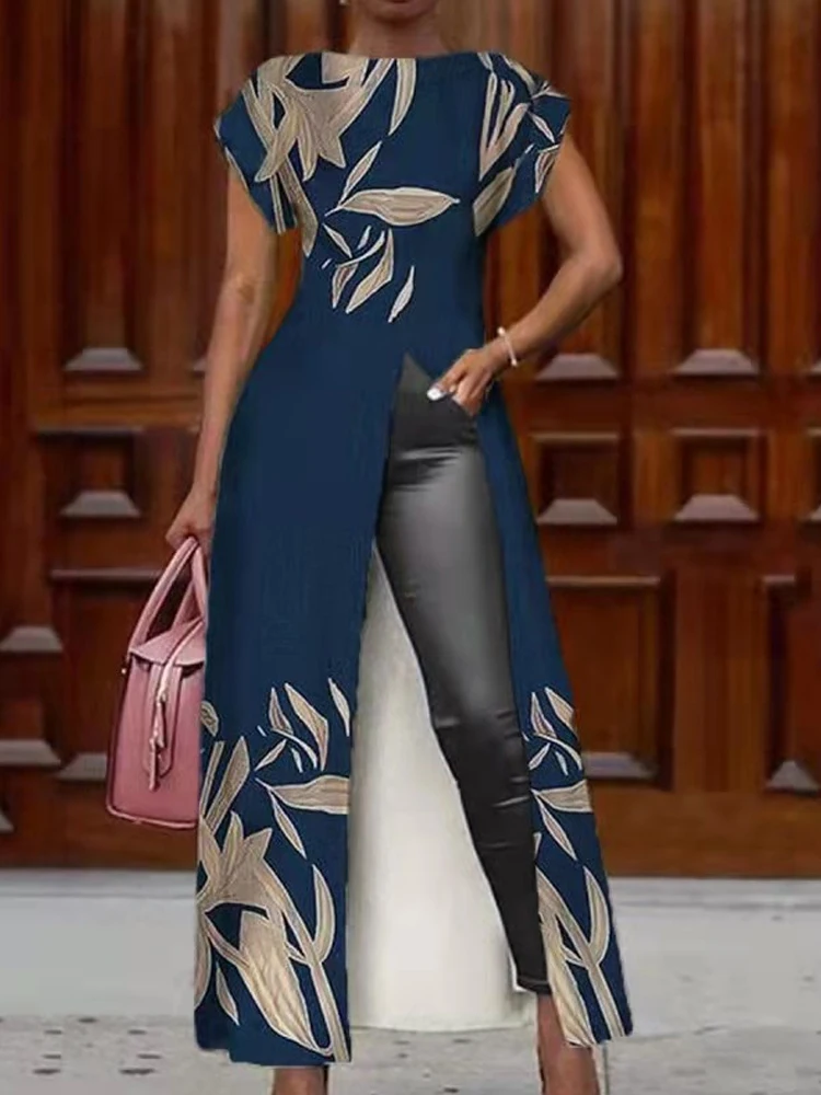 Casual Gold Butterfly Print Long Dress Elegant Women Short Sleeve Loose Pullover Dress Fashion O Neck High Slit Party Dress 2022