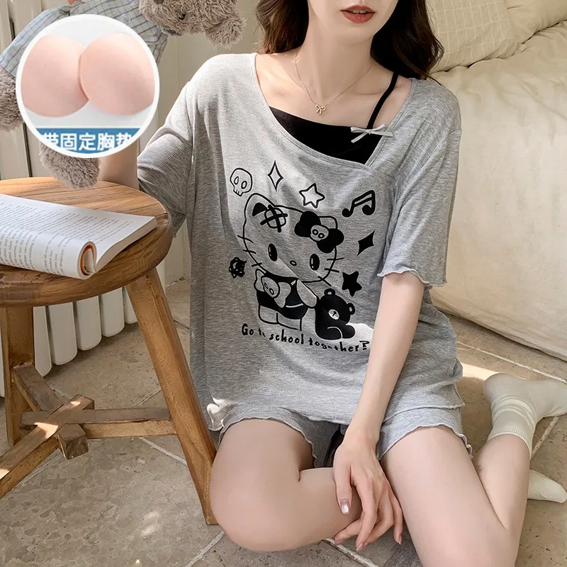 

Summer new gray with chest pad cartoon Hello Kitty cute pajamas women's loungewear set