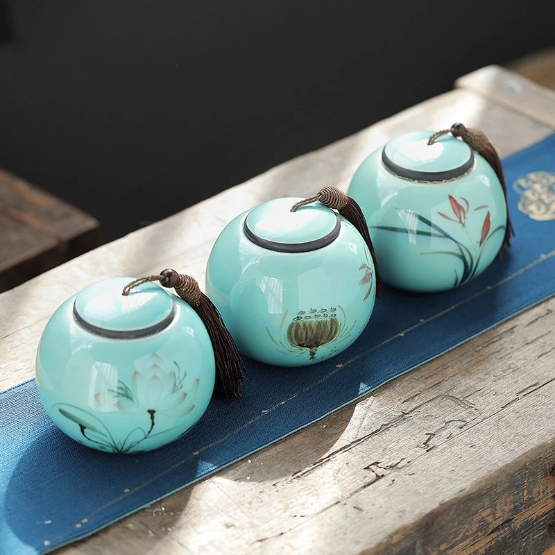 Modern Celadon Tea Box Ceramic Candy Jar Leaf Decoration Home with Lid Nut Coffee Bean Storage Bottle