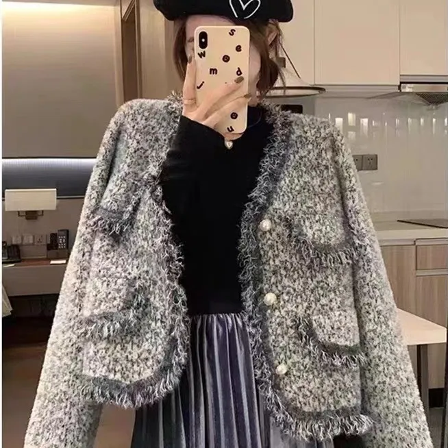 

Жакет из твида с длинным рукавом, женский, зимний, в соблазнительном корейском стиле, из канваса, асимметричный, с множеством карманов, с панелями, на кнопках-защелках, с нашивками, Ins