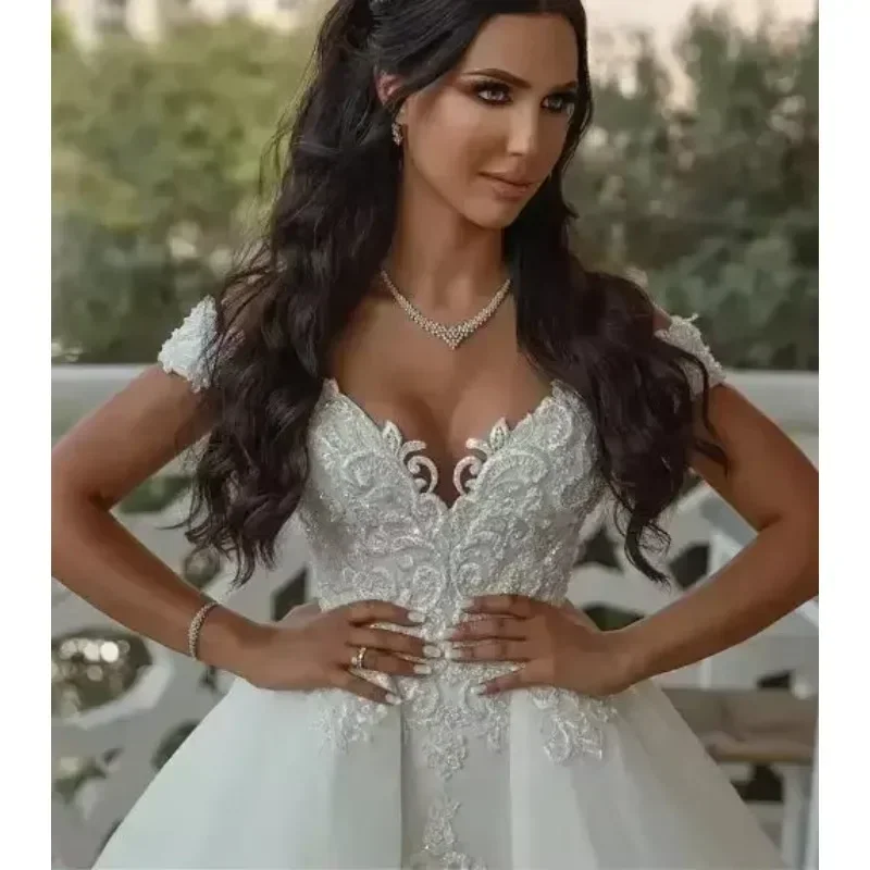 Customized Bride Fishtail Wedding Dress Backless Travel Shot Removable Train Custom Made One Line Shoulder Embroidery