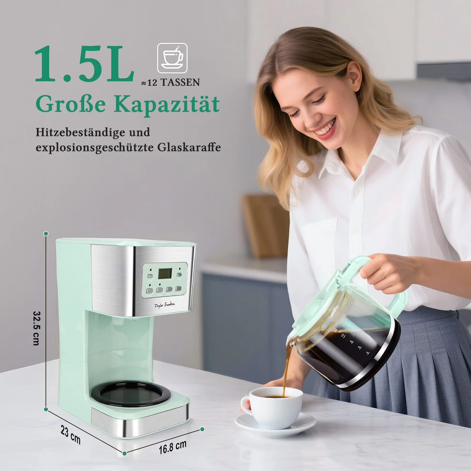ماكينة صنع القهوة تايلور سوودن مع مؤقت، ماكينة صنع القهوة بفلتر 1.5 لتر، 12 كوب، إيقاف تلقائي، توقف بالتنقيط، فلتر قابل لإعادة الاستخدام