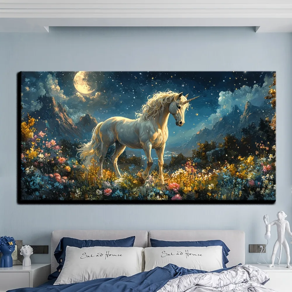 1.5 inch thick pine solid wood frame, a set of oil painting digital oil painting white horse oil painting set