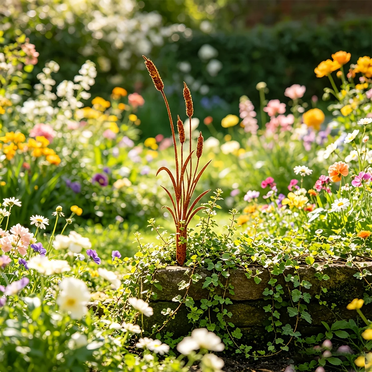 1Pc Wrought Iron Garden Decorative Stake, Rust-Colored Reed Silhouette Decorative Stake, Plant Trellis, Rustic Style, Suitable for Outdoor Lawns, Courtyard Gardens, and Flower Bed Centerpieces.
