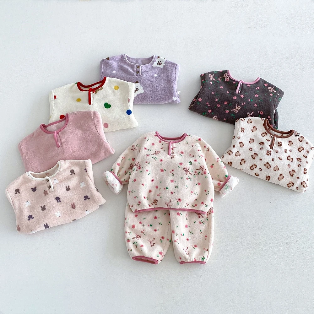 Winter Pajamas for Children Floral Kids Pajamas Girls Homewear Set Fleece Padded Warm Boys Loungewear