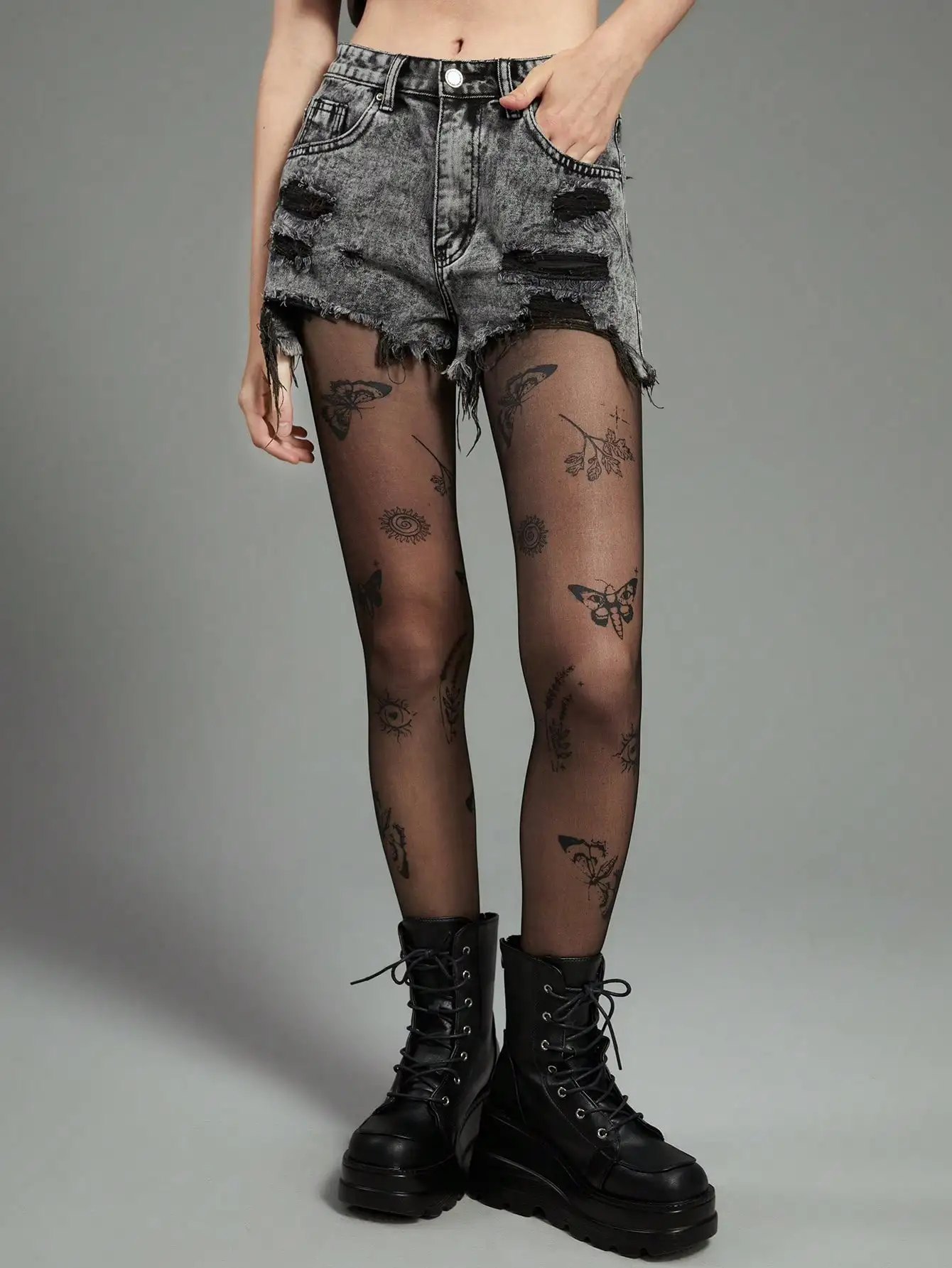 Dark Vintage Butterfly Plant Tattoo Sheer Stockings Ladies Black See Through Mesh Streetwear Tights