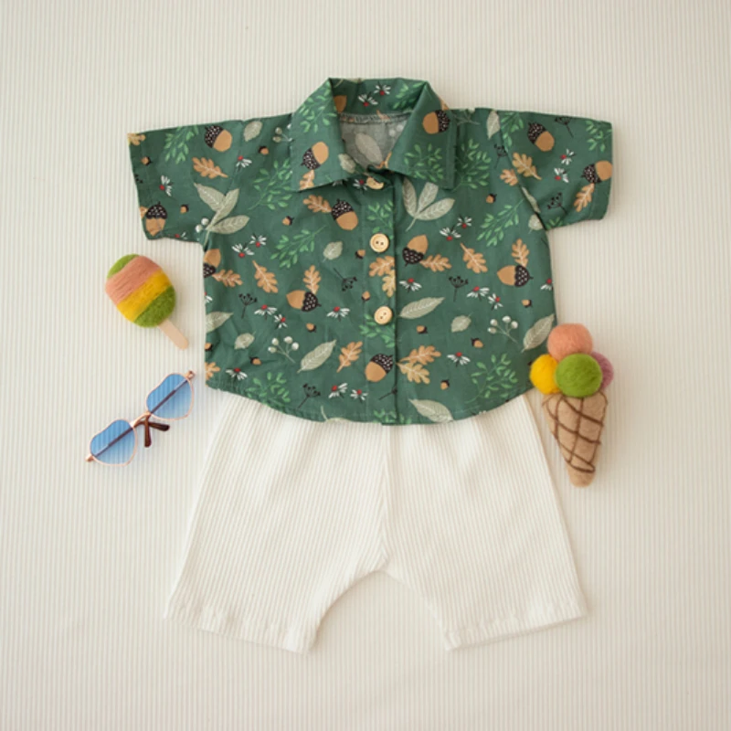 Summer Beach Vacation Style Short Sleeve Printed Shirt Cartoon Newborn Baby Cinema Photography ニューボーンフォト