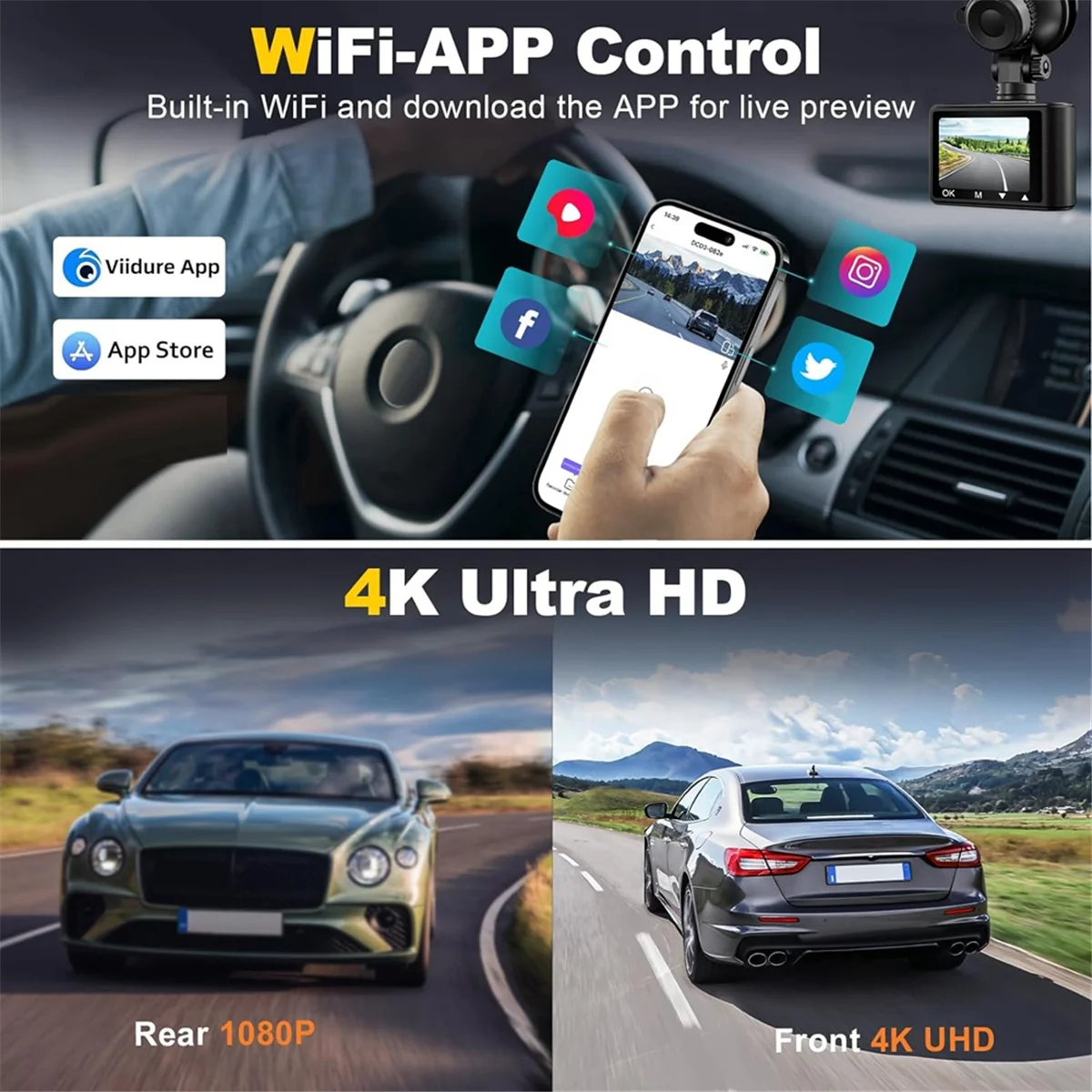 Car Dash Camera, 4K 1080p Dash Cam Front Rear WiFi Recorder Camera for Cars with App Control, G-Sensor, Loop Recording YDH