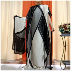 Hot Selling Silk Oversize African Women Clothing 2 Pieces Dubai Dashiki Abaya Free Size Print Design With Scarf Loose Long Dress