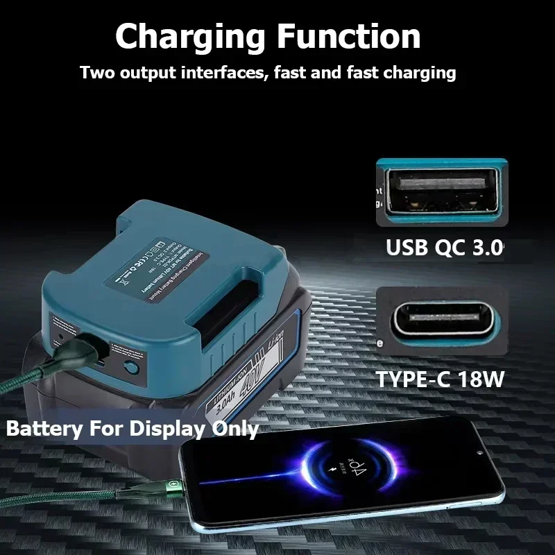 USB Charger Adapter for Makita/Ryobi/Greenworks 40V Li-ion Batteries, Portable Type-C Port, Battery Holder Belt Clip