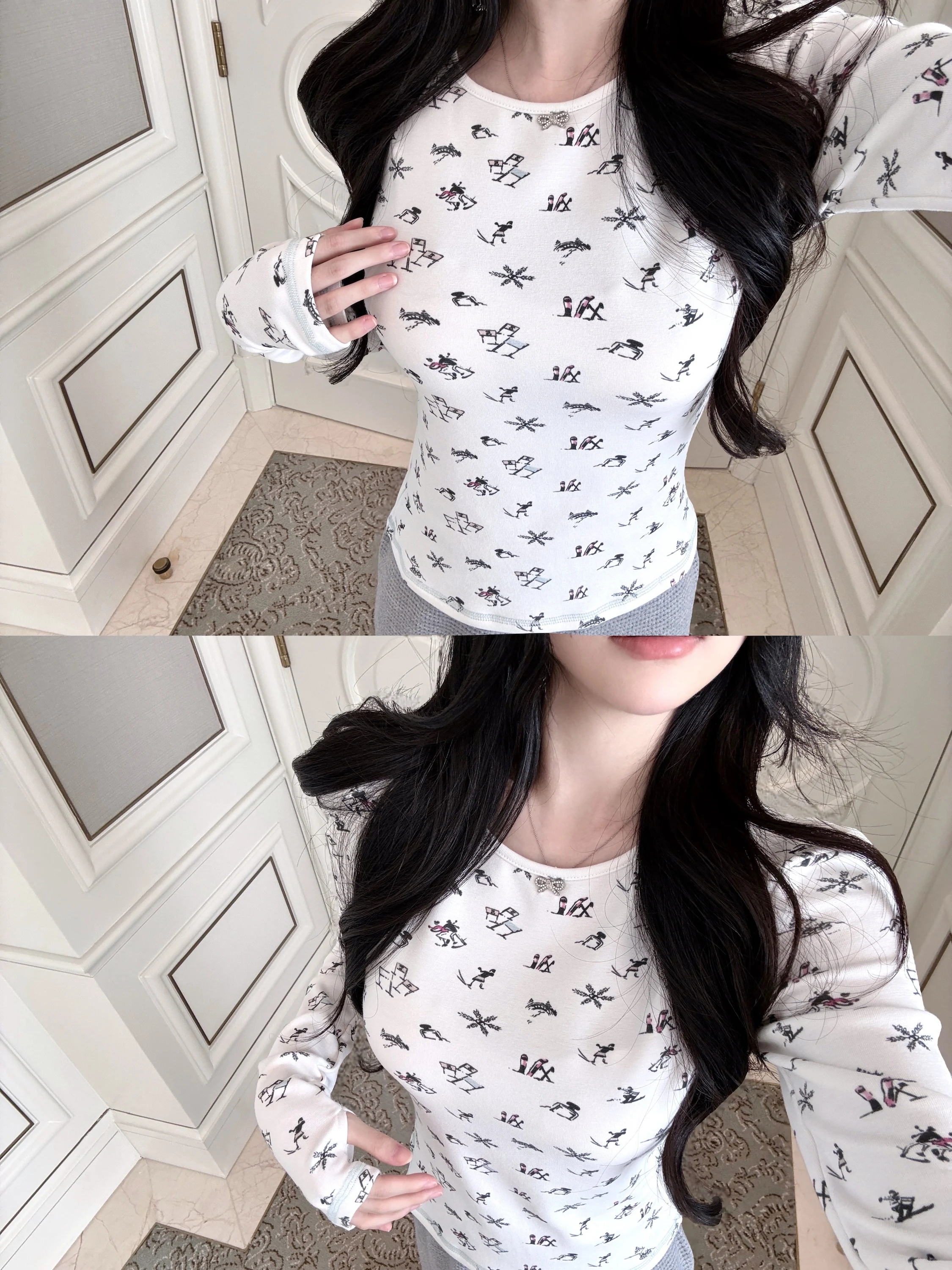 

Qiauuu Women's Long Sve Fce Lined Ski Print Thermal Base Layer Top Luxury Sle Slim Fit round Ne Animal Pattern T-irt