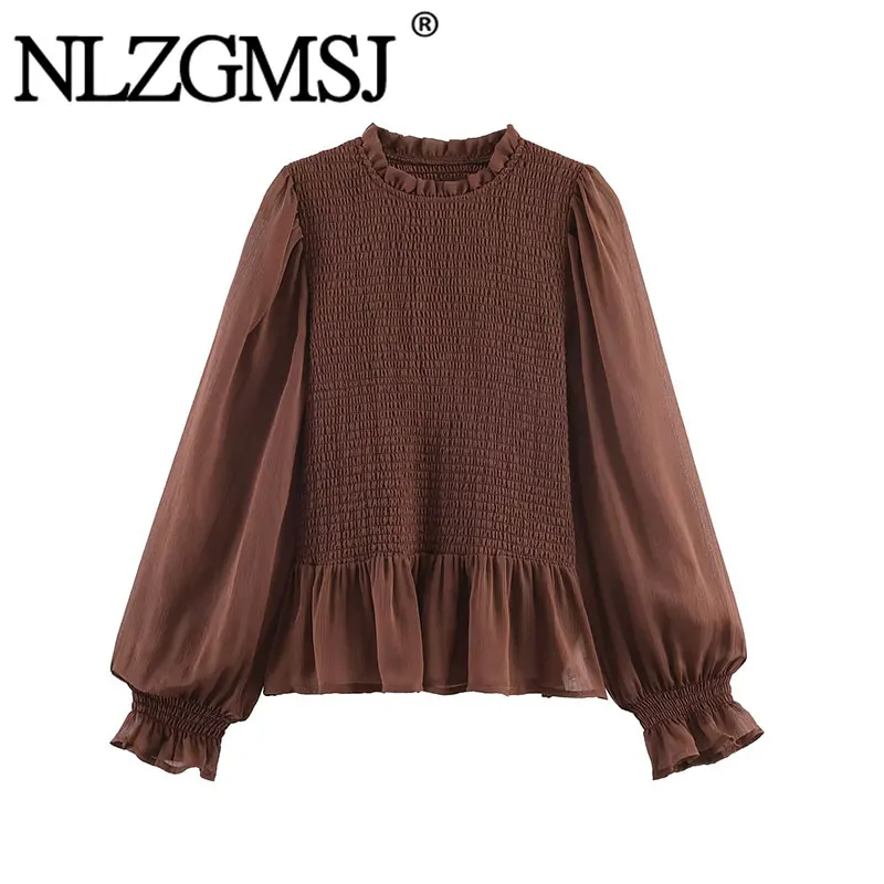 NLZGMSJ 2026 Frühling Rüschenblusen für Damen Plissierte Hemden und Blusen Damenmode Oberteile Streetwear Damenbluse
