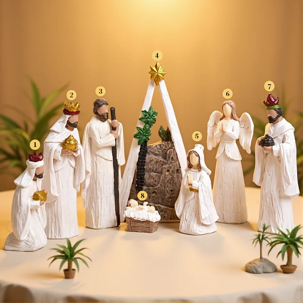 8 قطعة/المجموعة ولادة يسوع المهد مدير مجموعة عيد الميلاد الديكور الأسرة المقدسة الحرف تمثال الراتنج الأسرة المقدسة الجدول الحلي ﻿