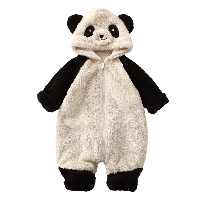 Baby Cartoon Panda Plush Jumpsuit for Infants and Young Children Cute Warm Clothes, Children's Jumpsuit for Home Use