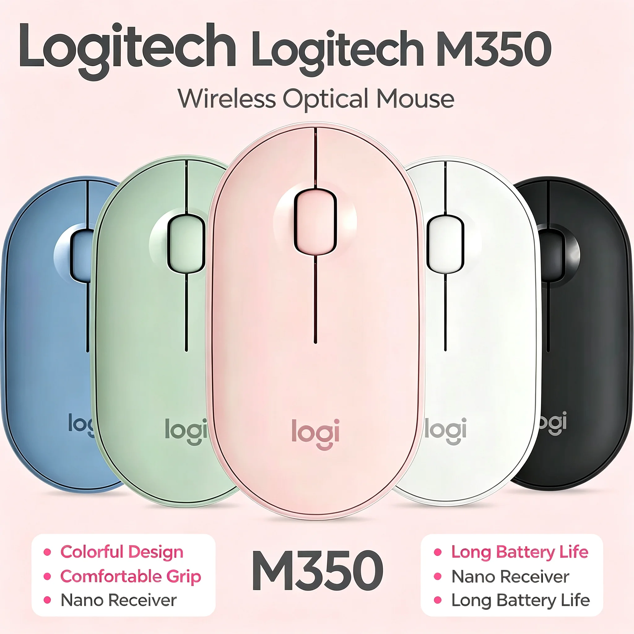 Logitech M350 Bluetooth Wireless Mouse Fashion Color Slim Pebble Shape Silent Mice For Laptop Tablet
