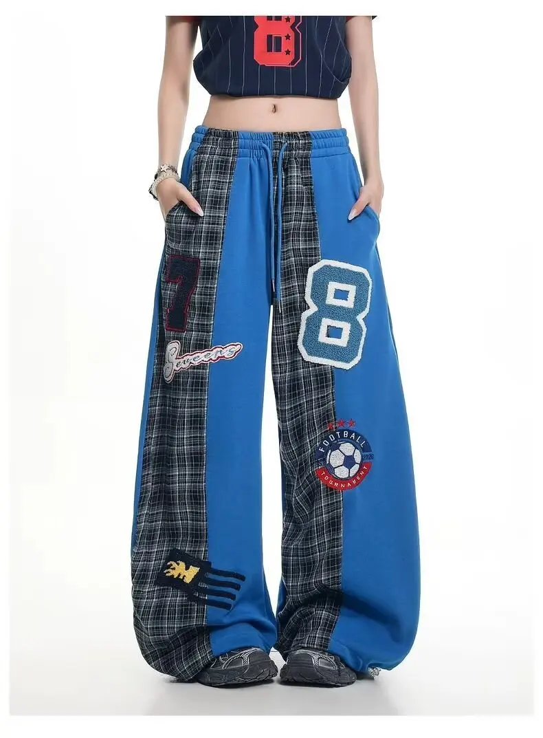 Japan Patchwork Checkered Wide-leg Women's Autumn Lightweight High-waisted Elastic Waist Vintage Lazy Floor-length Pants
