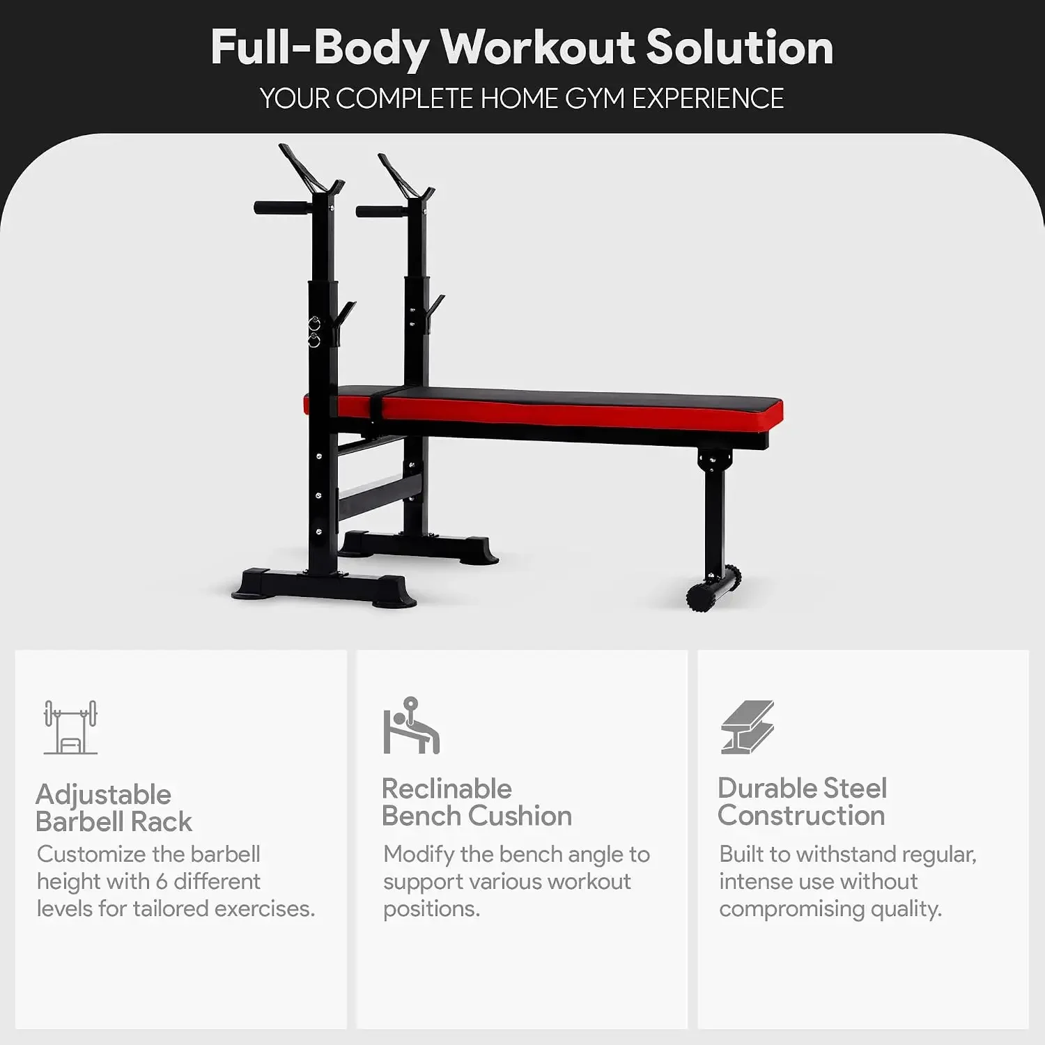 Steel Weight Bench w/ Squat Rack in Multiple Colors, 400 lb User Capacity - Foldable Home Gym Equipment for Range of Workouts w/