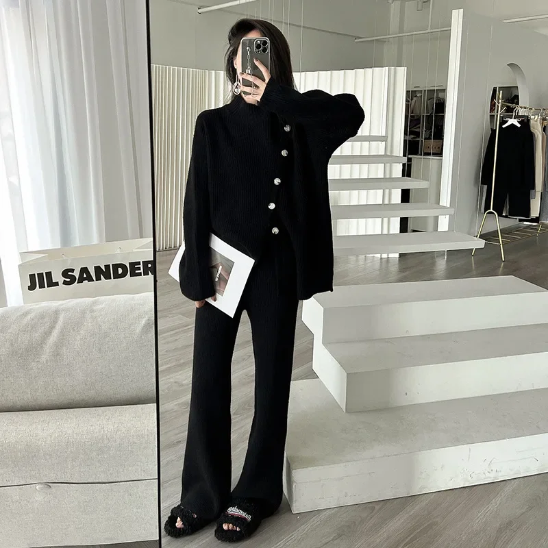 Pant Sets Women Knit Two Piece Suit Button Half High Neck Sweater Elastic Waist Splice Trousers Casual Straight Autumn