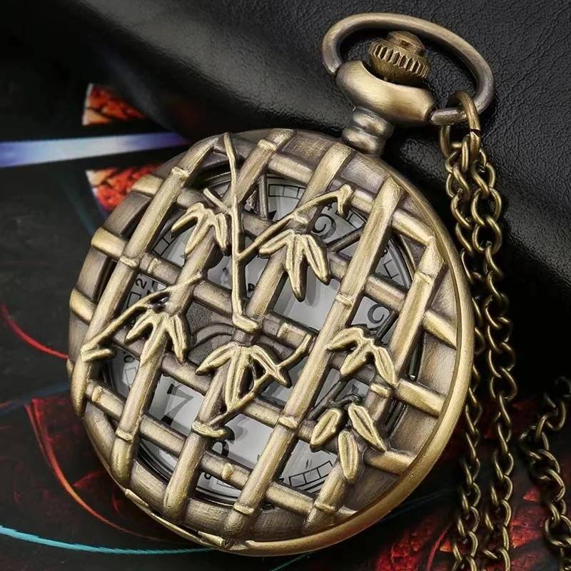 ساعة جيب كوارتز خيزران مجوفة من البرونز العتيق ، قرص دائري ، قلادة على شكل يد ، ساعة كنزة فوب للرجال والنساء
