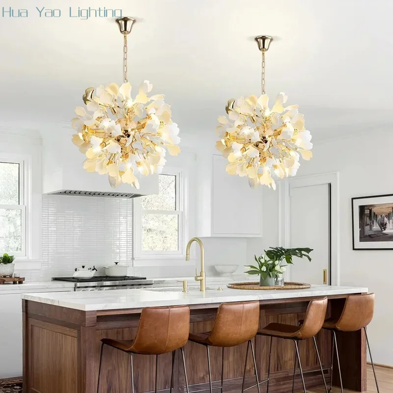 Modern French Ginko Leaves Chandeliers for Dining Room Bedroom Ceramics Round Hanging Pendant Lamp Chandelier Bedroom Bathroom