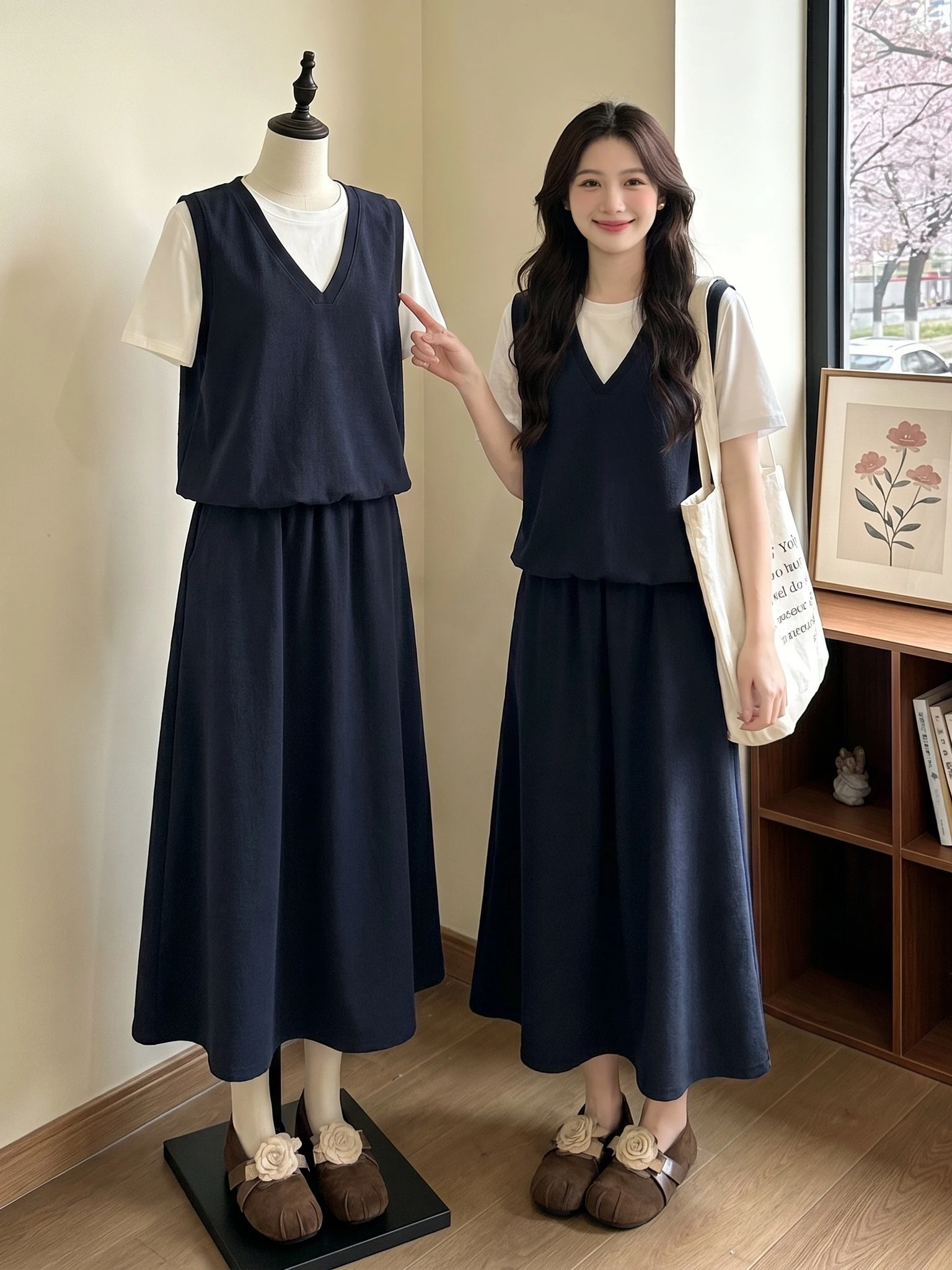 

plus Size Women's Summer Fashion Set Salt System Dark Blue Short Sleeve Vest And Skirt High Waist Midi Skirt Commute Style