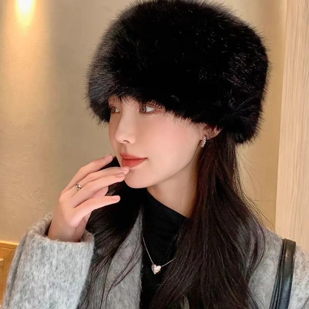 Fashion Warm Fluffy Fur Bucket Hat Windproof Thicken Mongolian Cap Cover Head Cap Snowy Day Panama Cap Chrismas Gifts