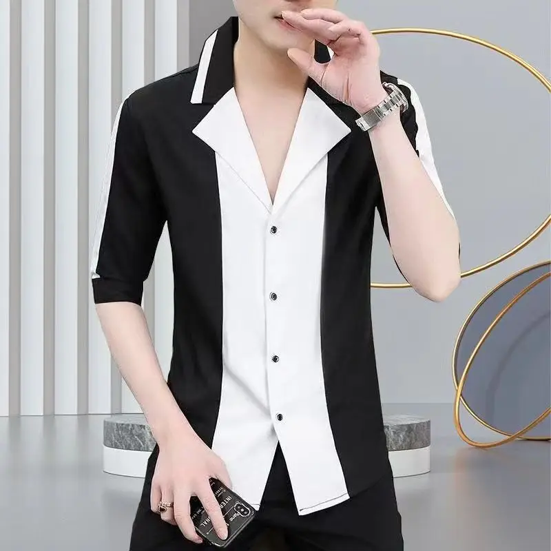 2-B9  Summer black mid-sleeve shirt for men, slim fit, casual three-quarter s shirt, high-end hairdresser trendy men\'s clothing