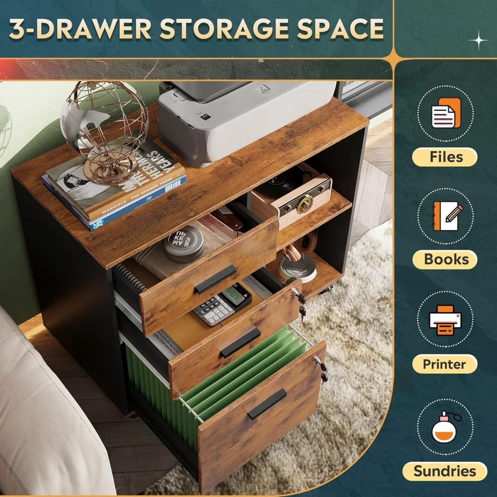 3-Drawer Wooden Lockable Lateral File Cabinet, Mobile Office Filing System with Open Storage Shelves for Home and Office Organiz