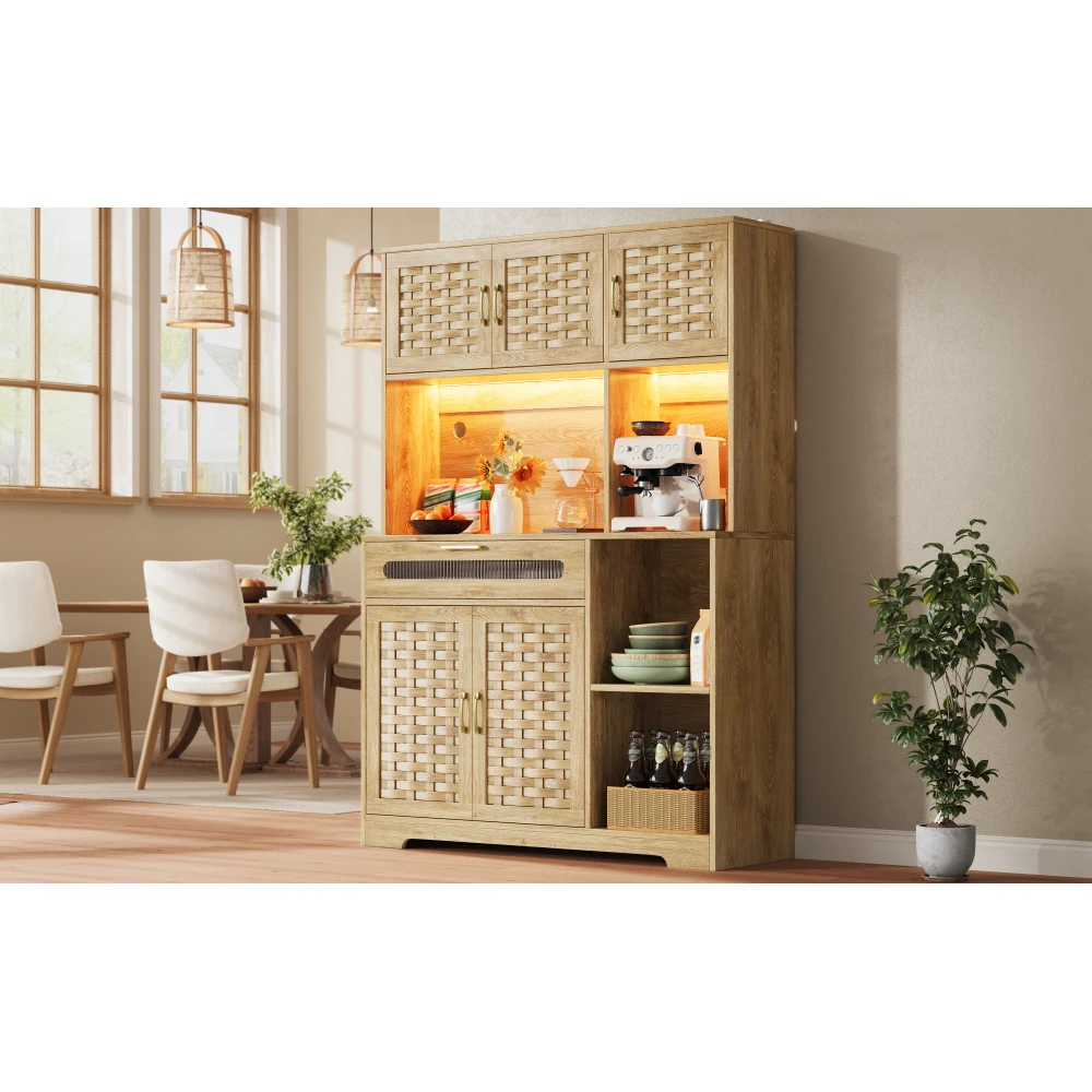 Armoire haute 120×40×180cm en MDF avec porte, éclairage LED, tiroirs de rangement, pour salon, cuisine, salle à manger, bar, vitrine