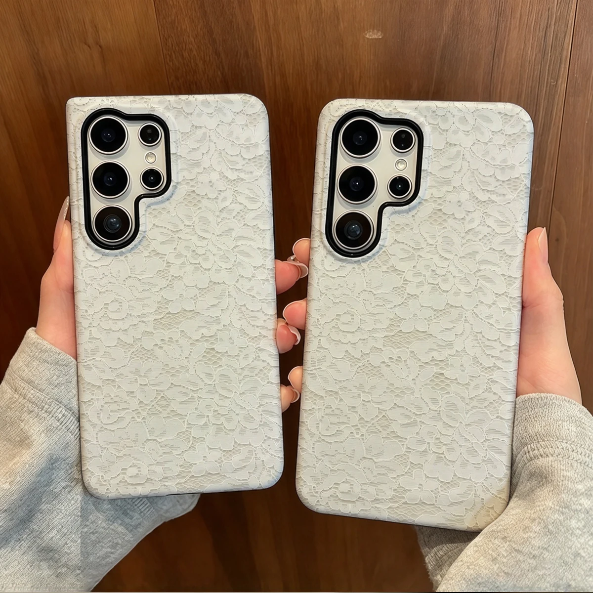 White Tonal Lace Floral Phone Case For Samsung Galaxy S26 S25 Ultra S24 S23 Plus Hard Shock‑Absorption 2-in-1Protective Cover