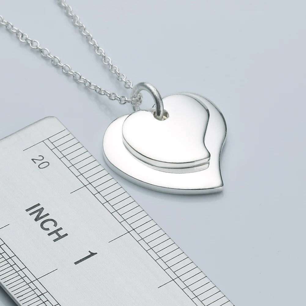 Pretty 925 Sterling Silver beautiful double heart card Pendant Necklace for women fashion party wedding Jewelry Couple gifts