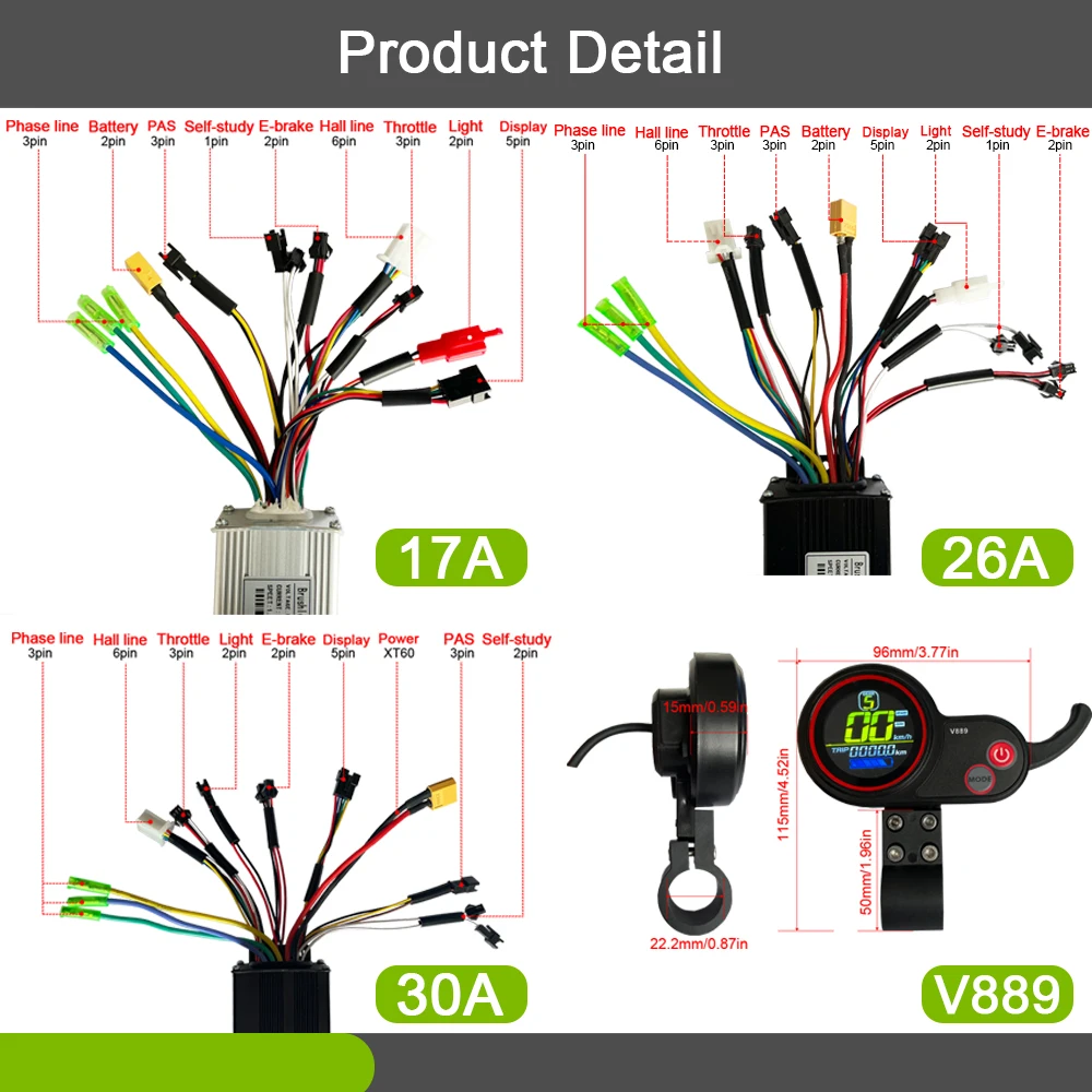 JN 17A 26A 30A Three-Mode Sine Wave Controller with JN V889 LCD Display Use for 36V 48V 250W-1000W Motor Conversion Parts