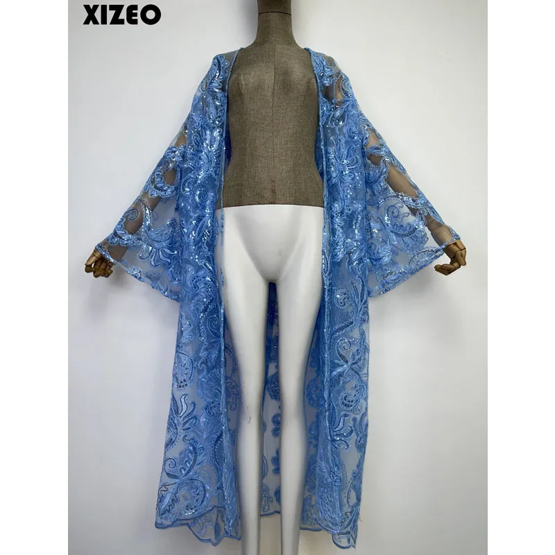 XIZEO Summer Women Cardigan stitch fashion sexy Boho Holiday free size long Sleeve Silk feeling Robe elegant kimono kaftan