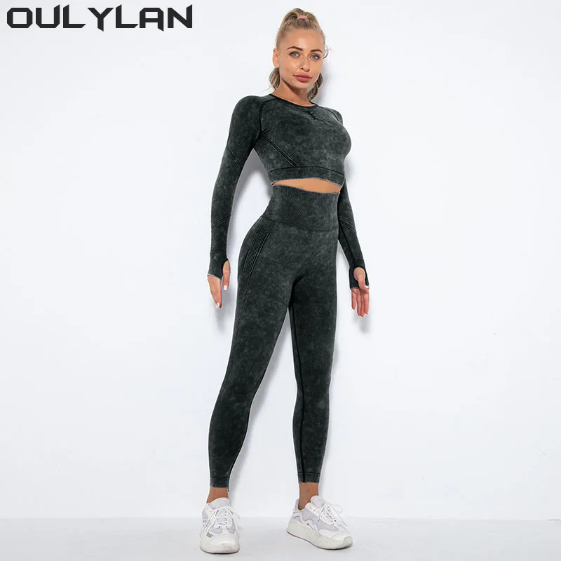 Oulylan Workout Pant Seamless Yoga Set Fitness Sports Suits Gym Clothing Long Sleeve Crop Top Shirts High Waist Running Leggings