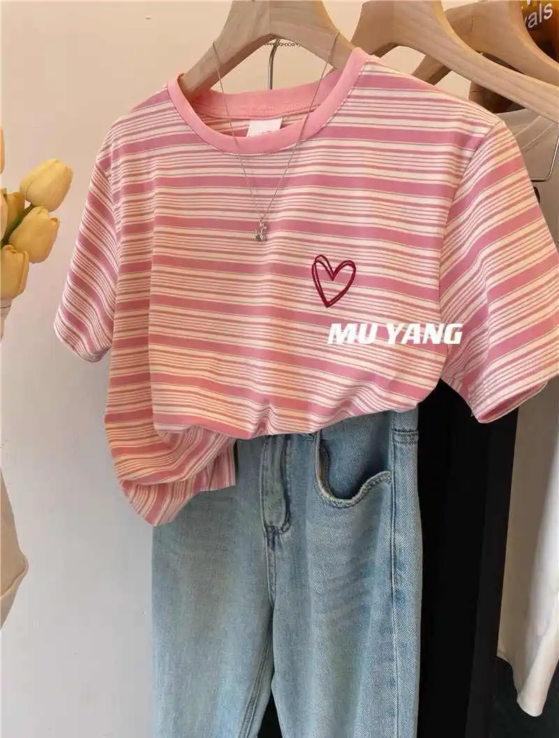 Летняя полосатая женская футболка больших размеров в стиле ретро с круглым вырезом, универсальные топы, свободные шикарные повседневные топы с короткими рукавами