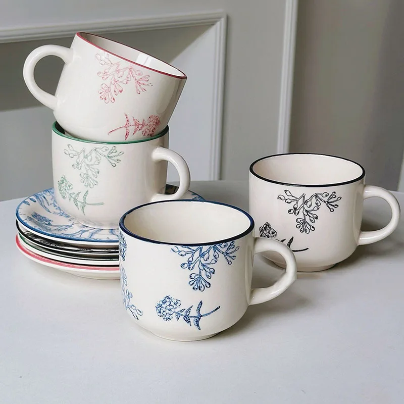 Vintage Hand Painted Ceramic Coffee Cup Plate Set Palace Style Printing Underglaze Color Craftsmanship 350ml Capacity Water Cup