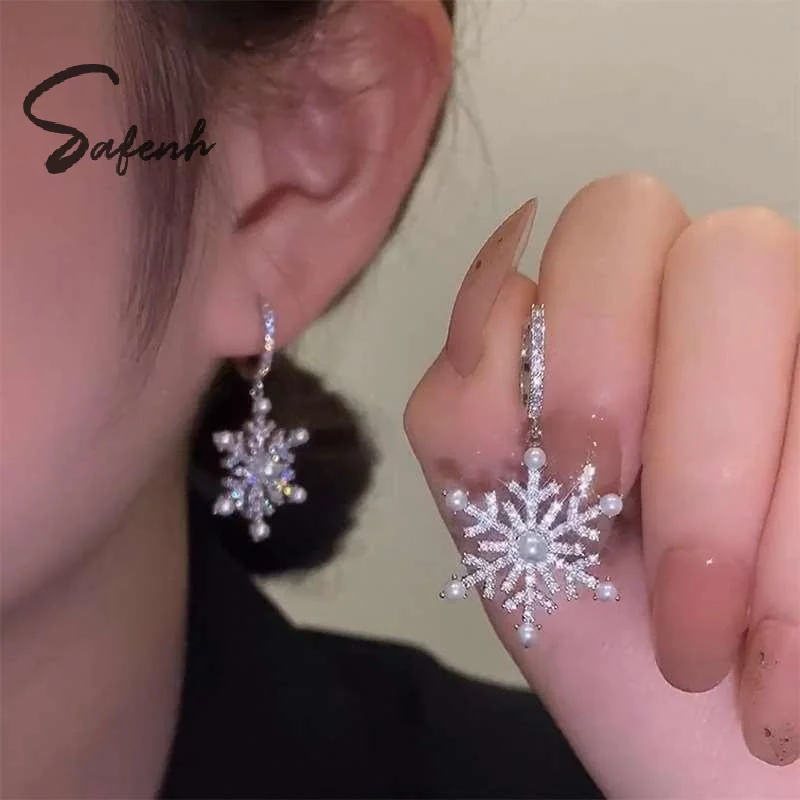 Stylish Snowflake Shaped Zircon Earrings for Women; Featuring Imitation Pearl and Ideal for Christmas Party Gift