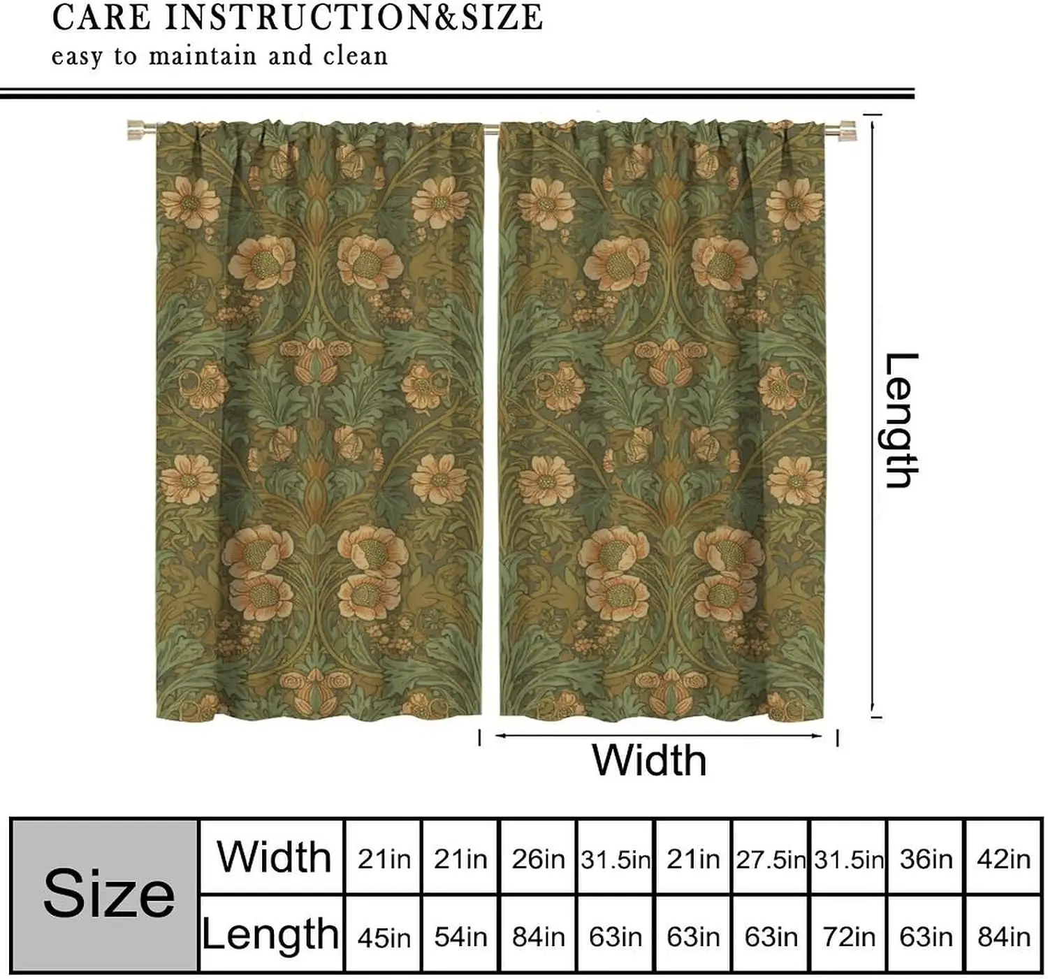 Antique Art Nouveau Floral Curtains, Symmetrical Green Foliage Cream Bloom Classic Vintage Botanical Pattern Cottage Interior