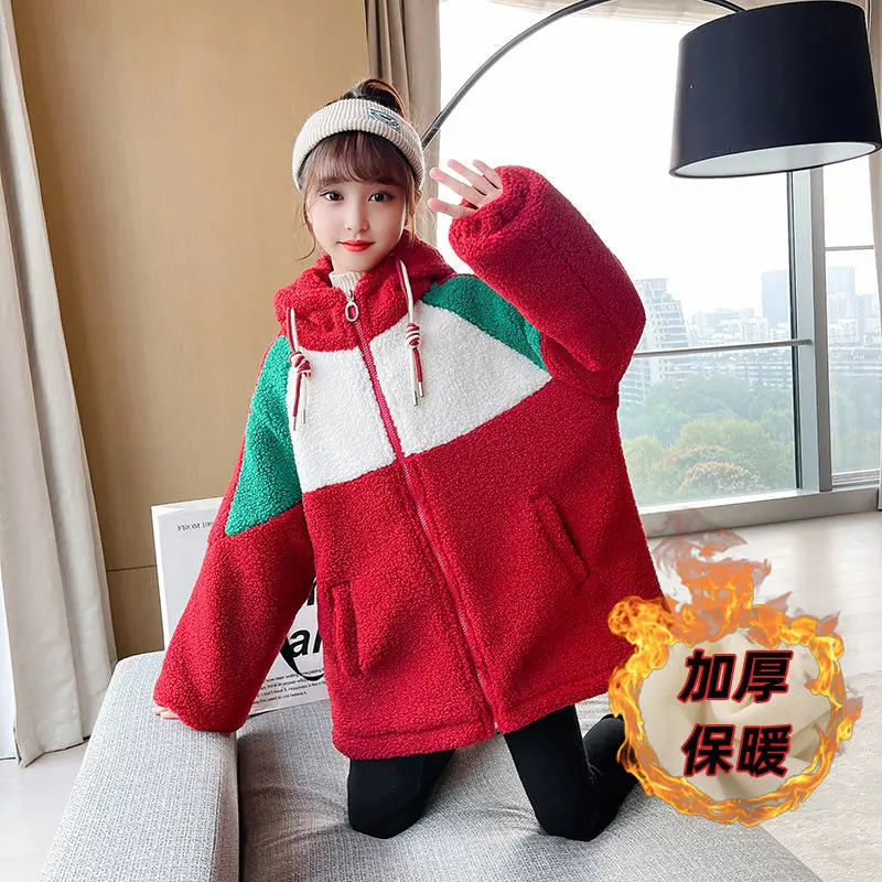 Girls coat autumn and winter 2022 new big children's fashion fashion lamb wool tide children's clip cotton thickened fluffy coat