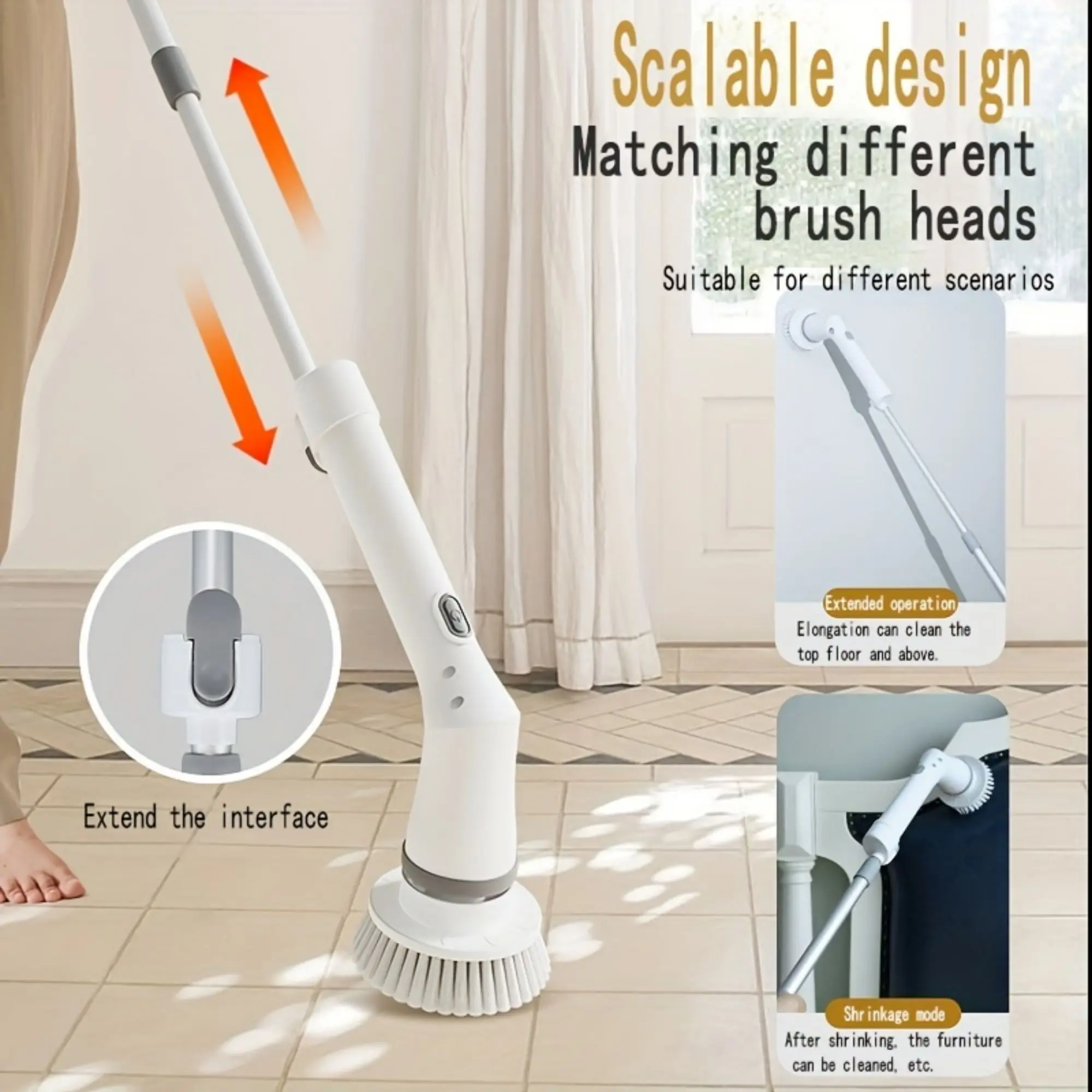 1Set Electric Cleaning Brush,USB-C Charging Line Spin Scrubber,Long With 6 Replaceable Brush Heads, Floor Bathroom Scrubber